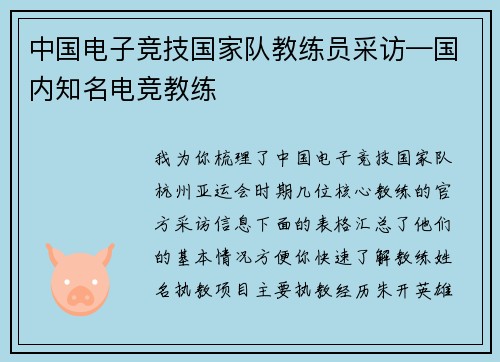 中国电子竞技国家队教练员采访—国内知名电竞教练